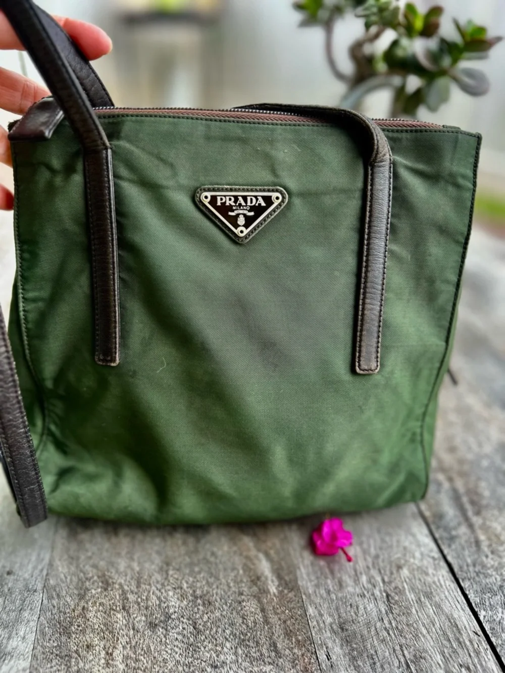 Authentic Prada  Vintage Olive Green Nylon Tote with Dark Brown Leather Straps - Picture 5 of 16